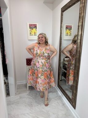 Adrianna Papell Floral V-Neck Sleeveless Tea Length Dress in Pink and Orange